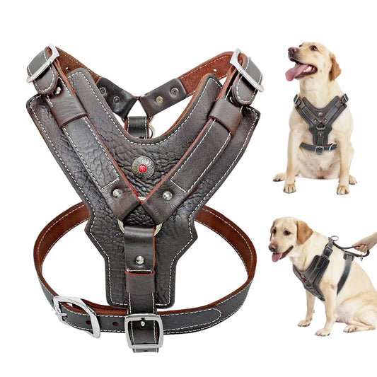 Vest For Dog Training - Genuine Leather Harness with Quick Control Handle for Large Dogs like Labrador and Pitbulls