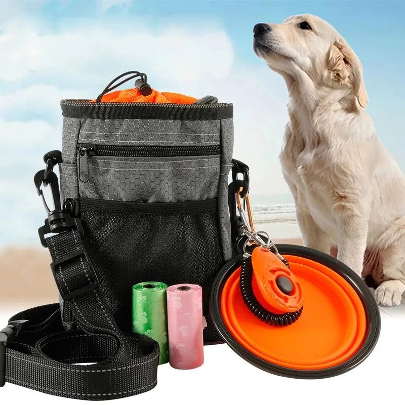 Dog Treat Pouch: Portable Pet Treat Bag with Adjustable Waist Belt, Garbage Bag, Folding Bowl Kit - Multi-function Outdoor Dog Training Bag