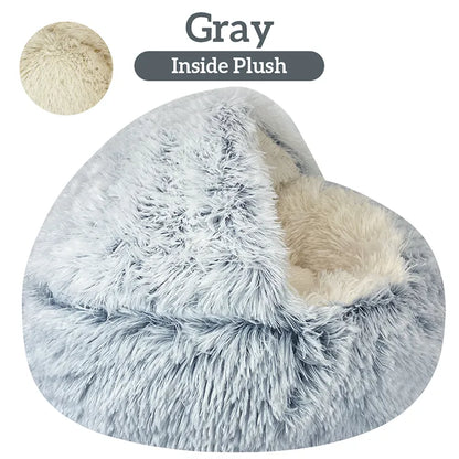 Winter Long Plush Round Cat Cushion with 2-in-1 Warm Cat Basket - Cat House, Sleep Bag, and Kennel for Small Dogs and Cats