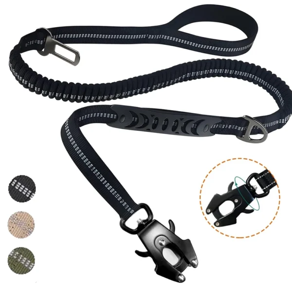 Reflective Tactical Bungee Dog Leash - Shock Absorbing, No-Pull Training Leash with Car Seatbelt for Medium and Large Dogs