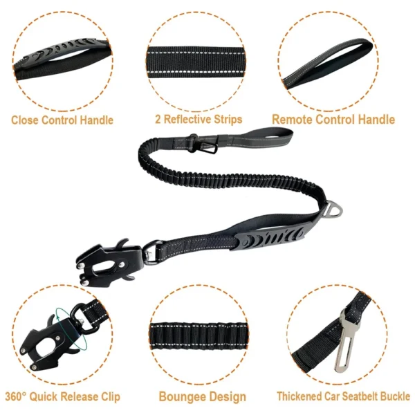 Reflective Tactical Bungee Dog Leash - Shock Absorbing, No-Pull Training Leash with Car Seatbelt for Medium and Large Dogs - Image 3