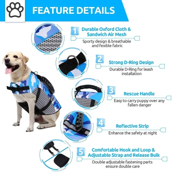 Reflective Camo Dog Life Jacket For Water Safety Dog Vest With Flotation XS S M L XL XXL - Image 5