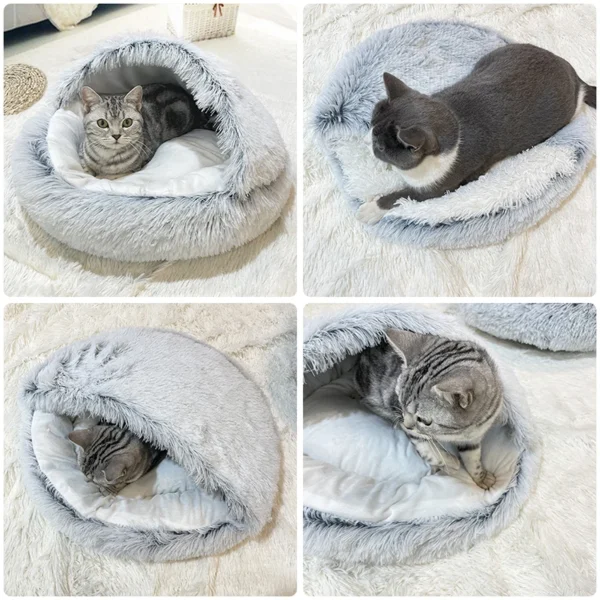 Winter Long Plush Round Cat Cushion with 2-in-1 Warm Cat Basket, Cat House, Sleep Bag, and Kennel for Small Dogs and Cats