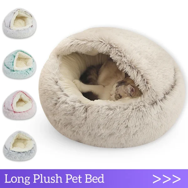 Winter Long Plush Round Cat Cushion with 2-in-1 Warm Cat Basket, Cat House, Sleep Bag, and Kennel for Small Dogs and Cats - Image 2