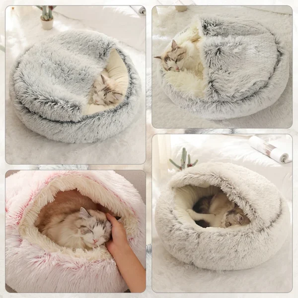 Winter Long Plush Round Cat Cushion with 2-in-1 Warm Cat Basket, Cat House, Sleep Bag, and Kennel for Small Dogs and Cats - Image 3