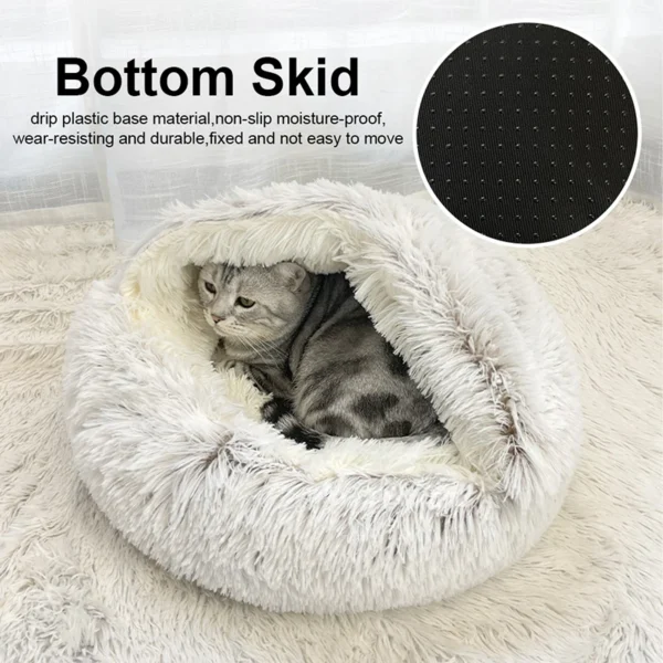 Winter Long Plush Round Cat Cushion with 2-in-1 Warm Cat Basket, Cat House, Sleep Bag, and Kennel for Small Dogs and Cats - Image 4