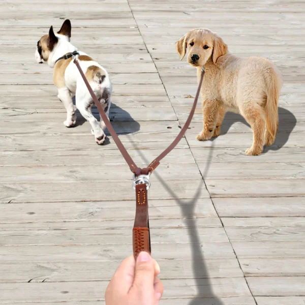 2-in-1 Dog Leash Coupler for Walking & Training Two Small to Medium Dogs – No-Tangle Leather Leads with Handle - Image 3