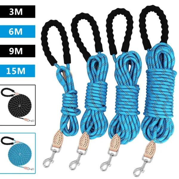 Durable Nylon Reflective Dog Leash with Handle – 3M to 15M Lead Rope for Small & Large Dogs, Ideal for Pugs – Blue