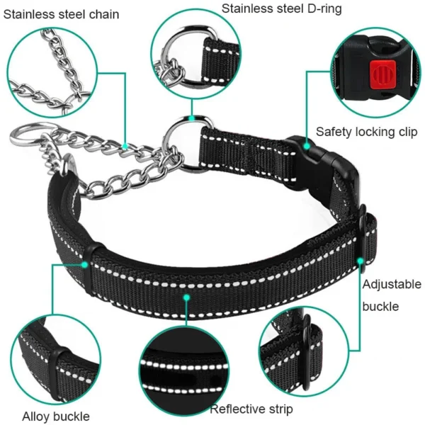 Reflective Adjustable Dog Collar with Stainless Steel Chain for Small, Medium & Large Dogs – Safe, Durable, and Ideal for Training - Image 2